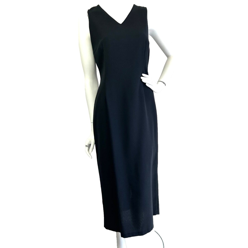 Vintage 90s Dorothy Perkins Black Sleeveless V Neck Sheath Dress US 8 Minimalist